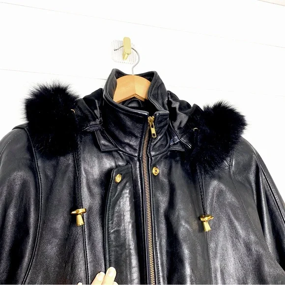 Vintage Genuine Lambskin Leather Black Parka w/ Fox Fur Trimmed Removable Hood - Picture 13 of 15
